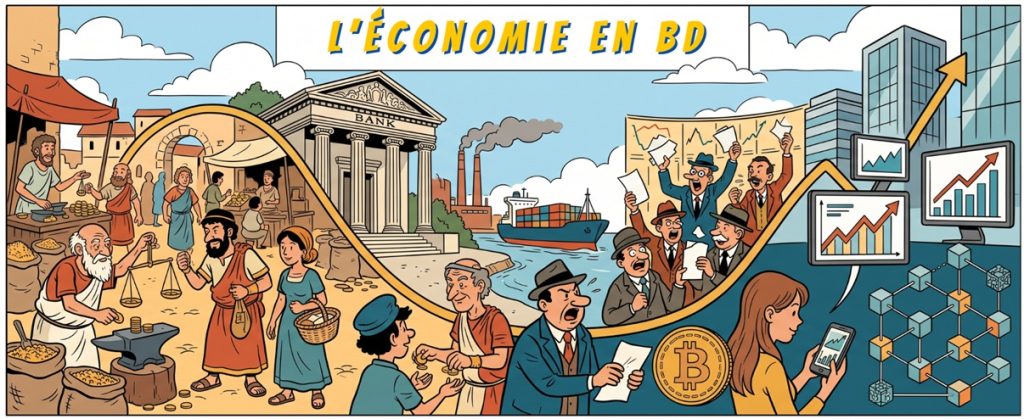 Bannière illustrée retraçant l'histoire de l'économie, du troc antique à la blockchain, en style bande dessinée